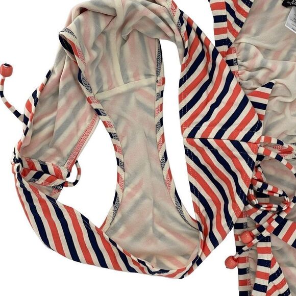 Pez D'Or Maternity Bikini Stripe Coral Navy White Ruched Side Ties XL NEW - Picture 7 of 8